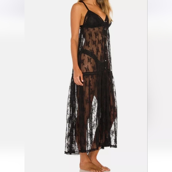 Free People In The Breeze Maxi Slip Floral Lace Button Front Tiered Black Sm NWT - Picture 5 of 14